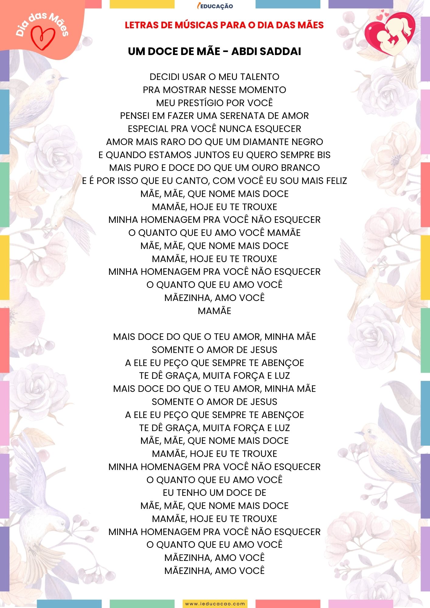 Músicas do Dia das Mães Com Coreografia e Letras para Imprimir