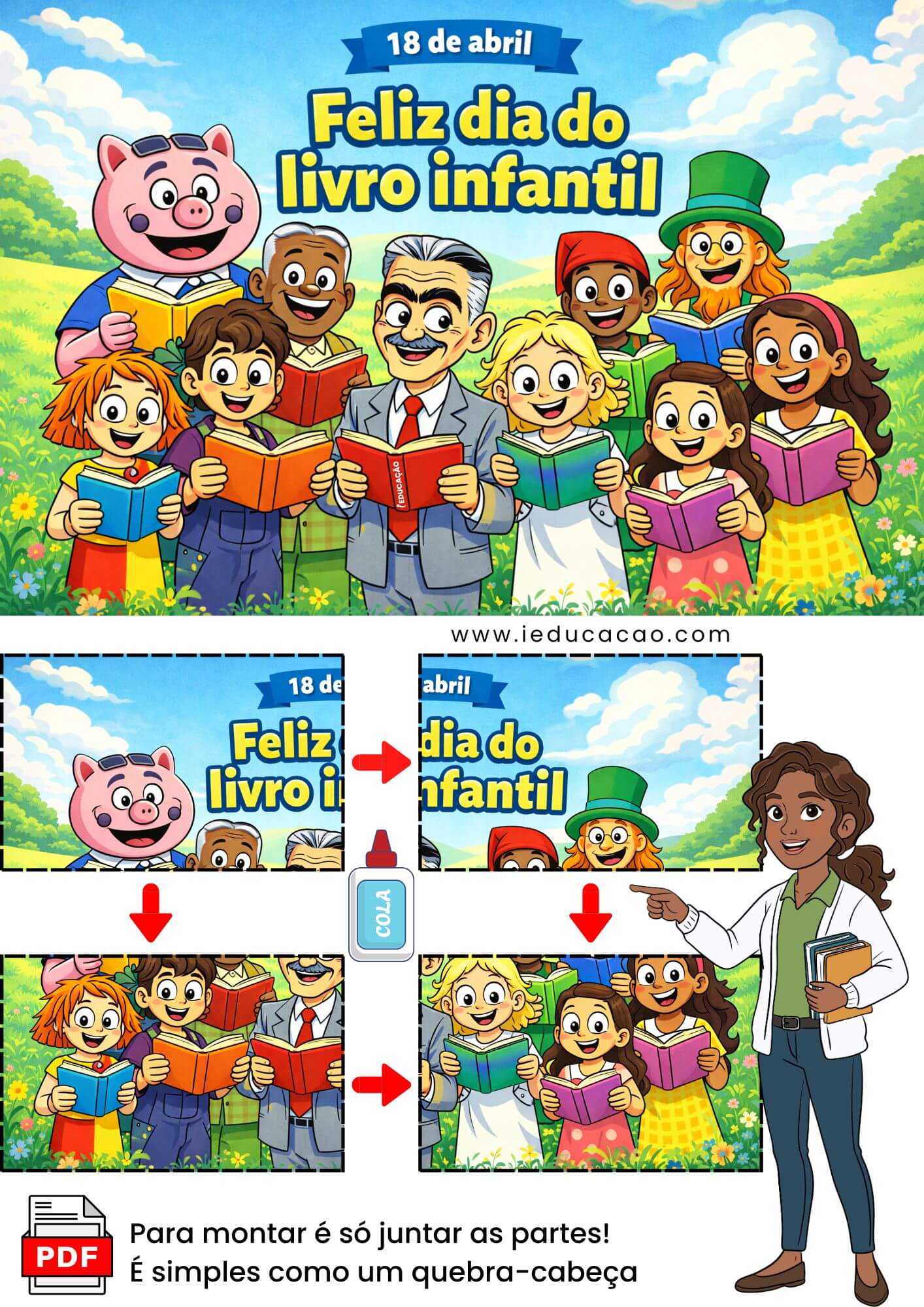 Dia do Livro Infantil 2026 com Kit Monteiro Lobato para Imprimir Painel Dia do Livro - Mural Dia do livro infantil para imprimir e montar em PDF grátis - Decoração para o Dia nacional do livro infantil com Monteiro Lobato e a turma do Sítio do pica-pau amarelo