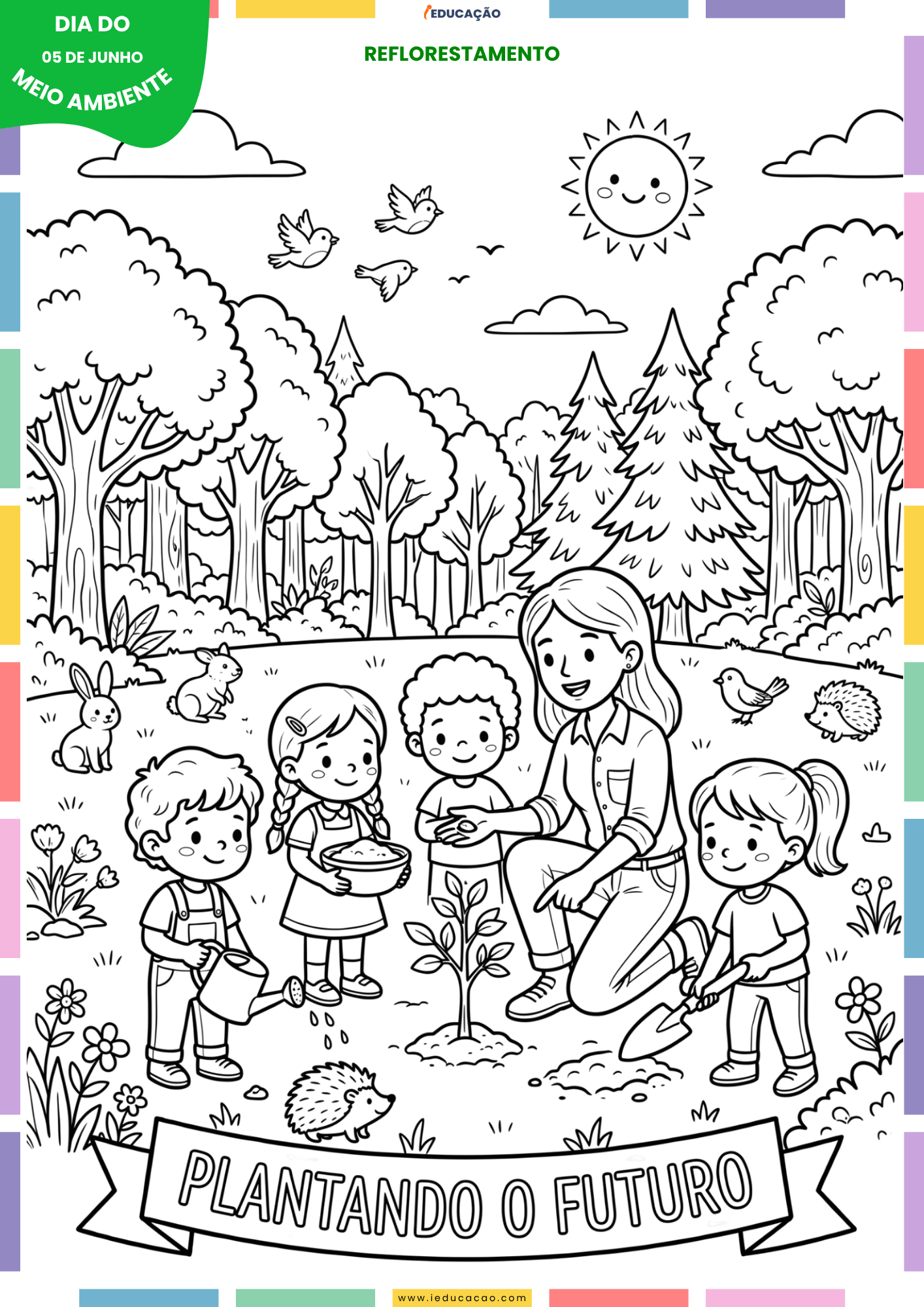 Desenhos do Meio Ambiente para colorir Sobre a Preservação da Natureza Desenhos do meio ambiente para colorir - Desenho de reflorestamento para colorir - desenho de crianças plantando um árvore na floresta - desenhos para colorir