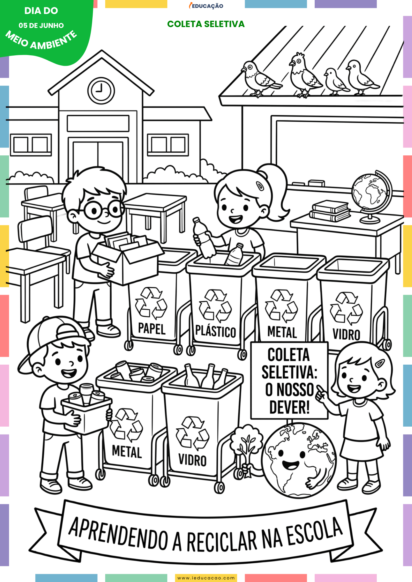 Desenhos do Meio Ambiente para colorir Sobre a Preservação da Natureza Desenhos do meio ambiente para colorir e ensinar na semana do meio ambiente na educação infantil - desenho da coleta seletiva