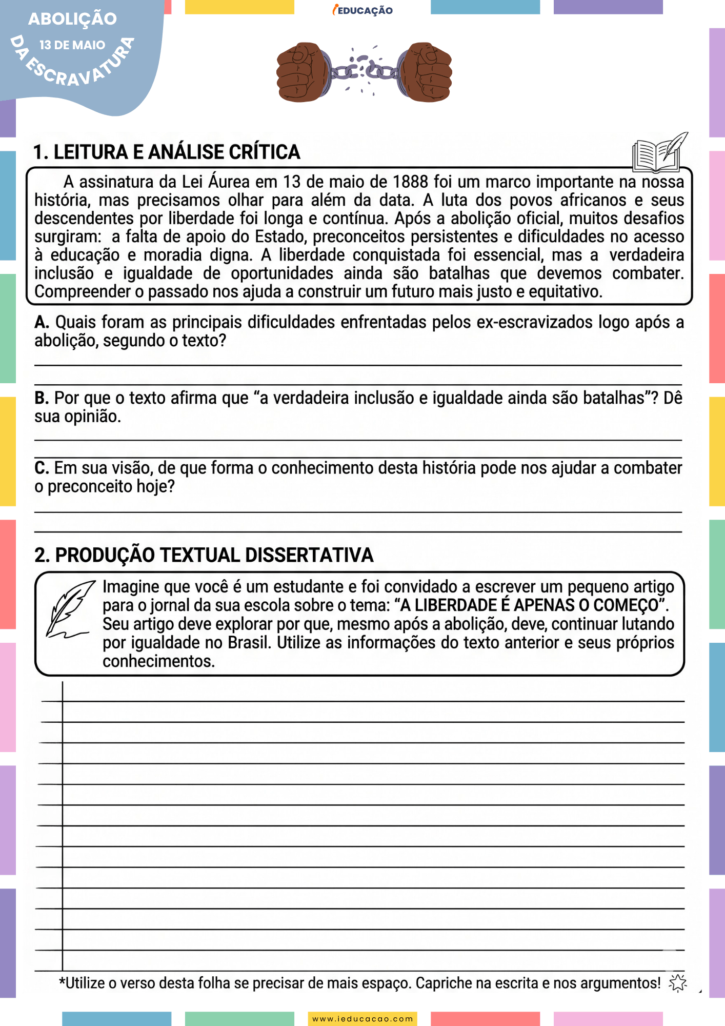 História e Atividades Sobre Abolição da Escravatura No Brasil (1º ao 5º ano) Para Imprimir atividade de leitura produção textual para o 5º ano do fundamental 1 - atividades sobre a abolição da escravatura no brasil