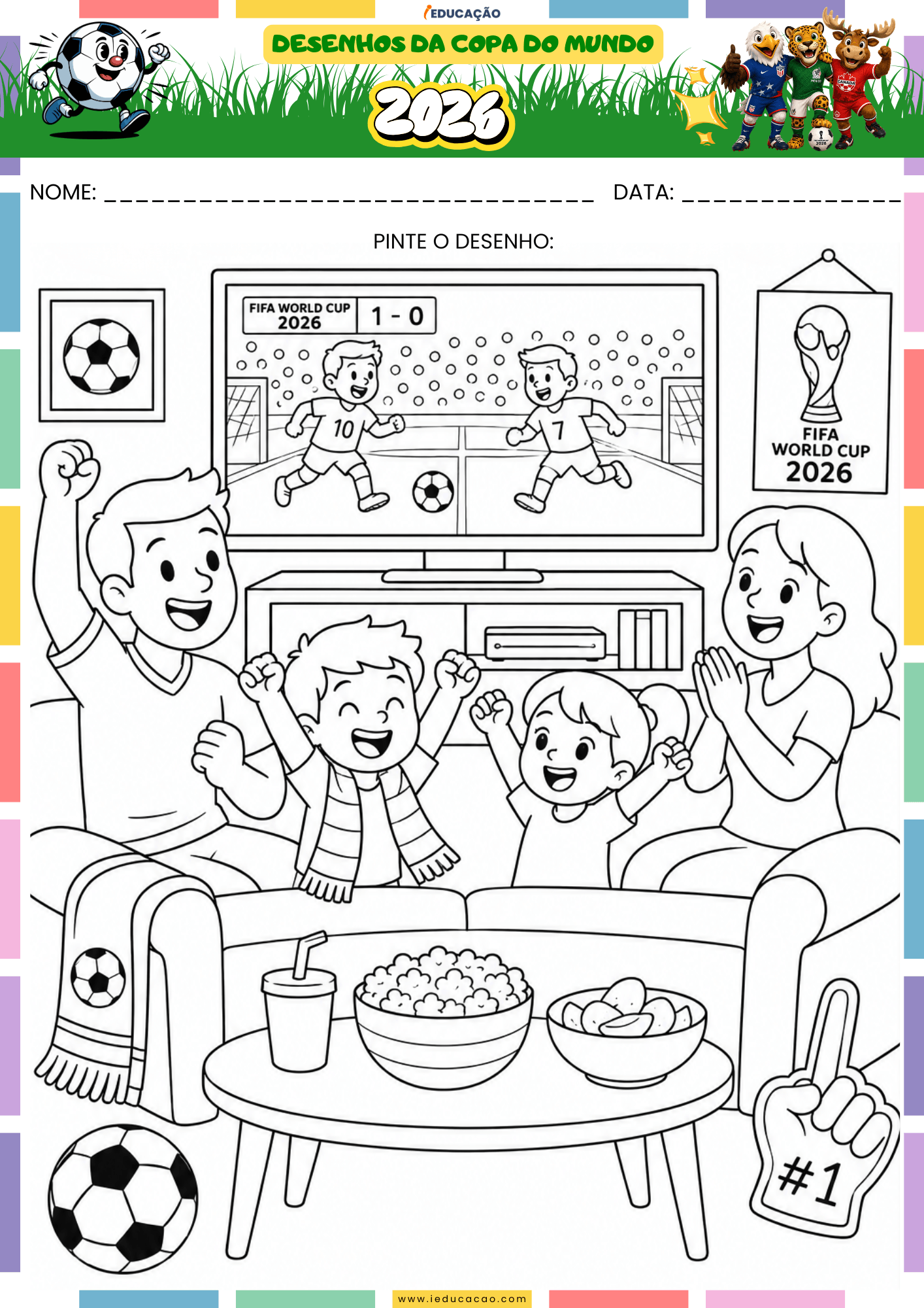 Desenhos Para Colorir da Copa do Mundo 2026 Em PDF Grátis Desenhos da Copa do Mundo com a Família Assistindo Futebol