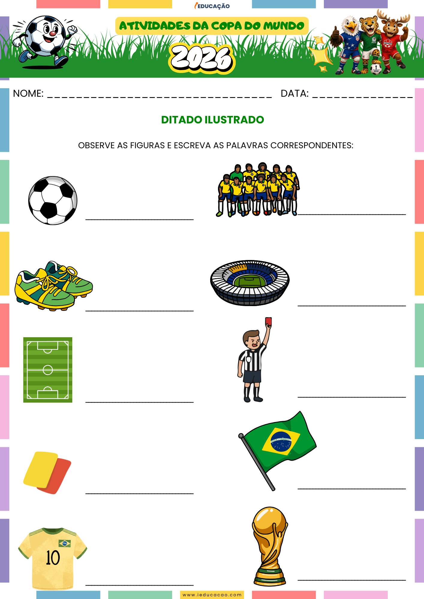 Atividades da Copa do Mundo 1º ao 5º Ano Grátis Para Imprimir 2026 Atividades da Copa do Mundo para o 2 ano com ditado ilustrado para alfabetização - atividades da copa 2026