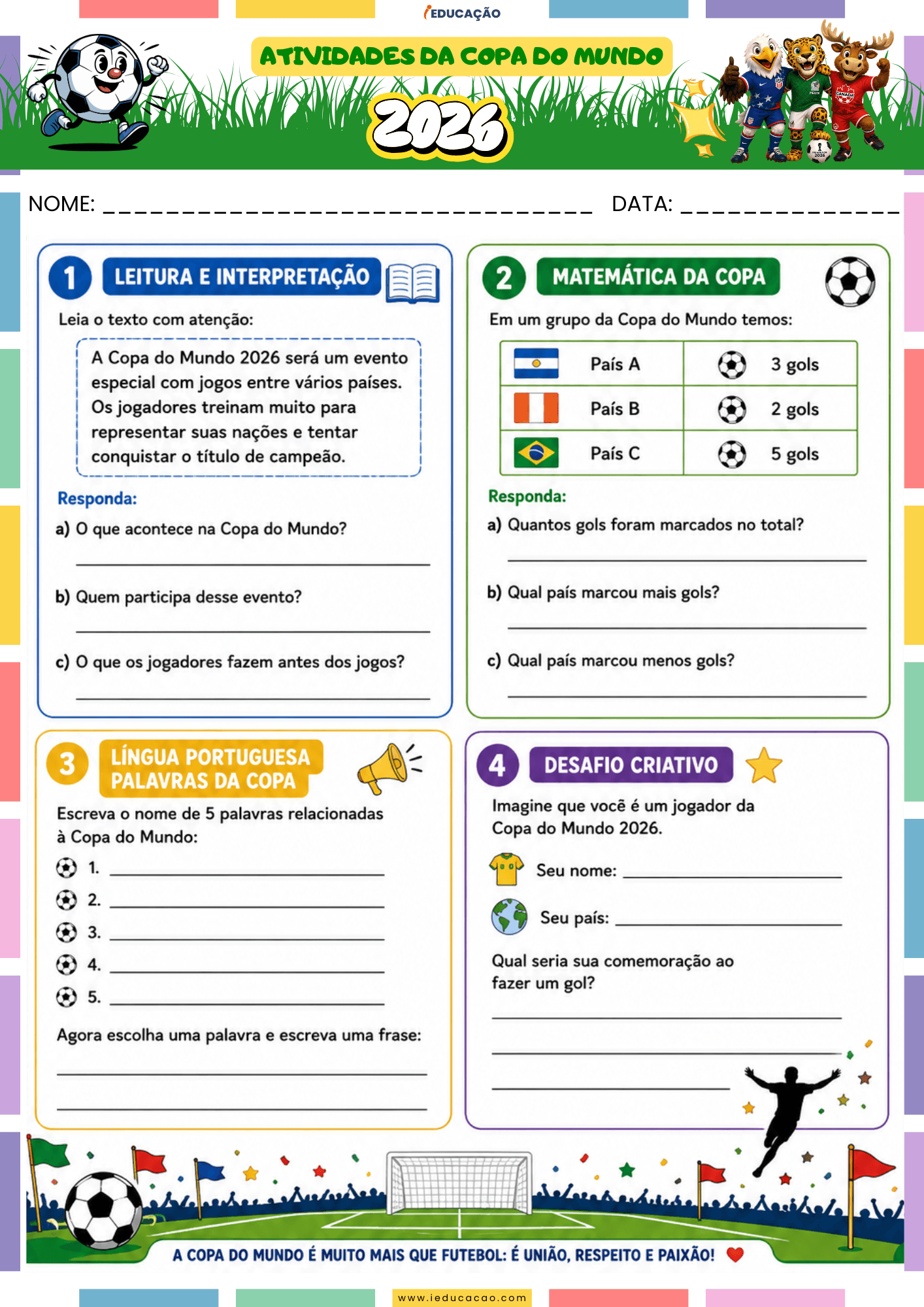Atividades da Copa do Mundo 1º ao 5º Ano Grátis Para Imprimir 2026 Atividades da Copa do Mundo para o 3 ano - Atividades de interpretação - Atividade de matemática - Atividade de português para o 3º ano - Atividades da copa 2026 para o terceiro ano