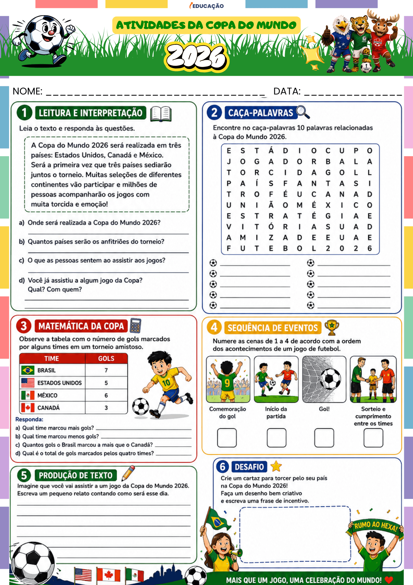 Atividades da Copa do Mundo 1º ao 5º Ano Grátis Para Imprimir 2026 Atividades da Copa do Mundo para o 3 ano com caça-palavras - Atividades da copa 2026 para crianças - Atividades de português e matemática sobre a copa 2026
