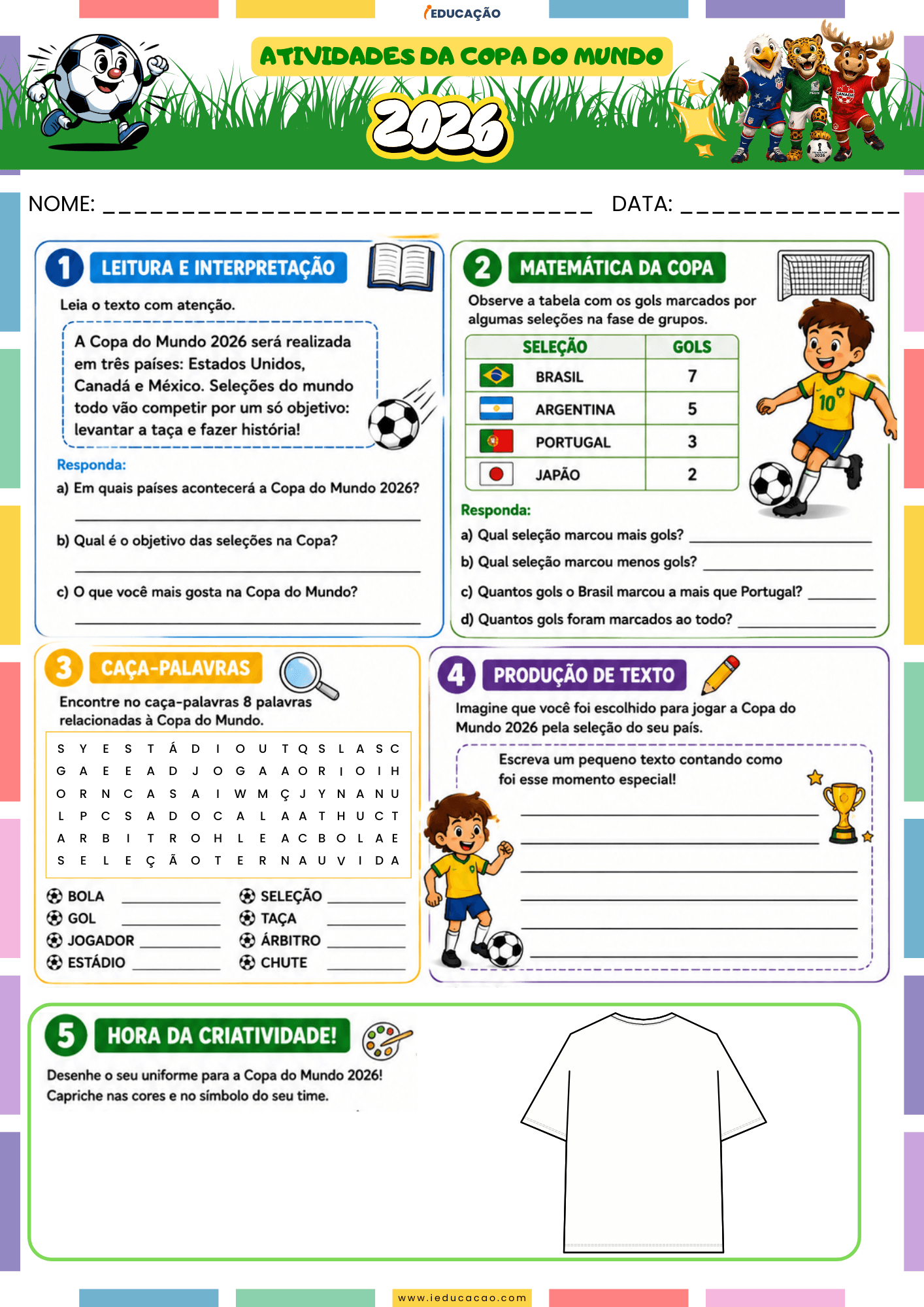 Atividades da Copa do Mundo 1º ao 5º Ano Grátis Para Imprimir 2026 Atividades da Copa do Mundo para o 4 ano - Atividades de leitura, produção de texto e matemática