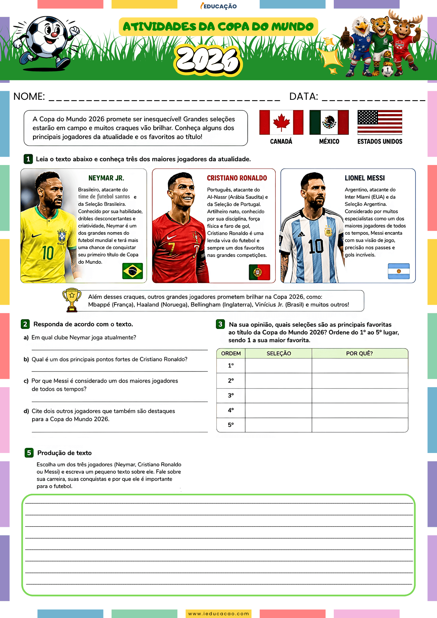 Atividades da Copa do Mundo 1º ao 5º Ano Grátis Para Imprimir 2026 Atividades da Copa do Mundo para o 5 ano - Atividade de leitura e interpretação sobre Neymar, Cristiano Ronaldo e Messi para a copa 2026