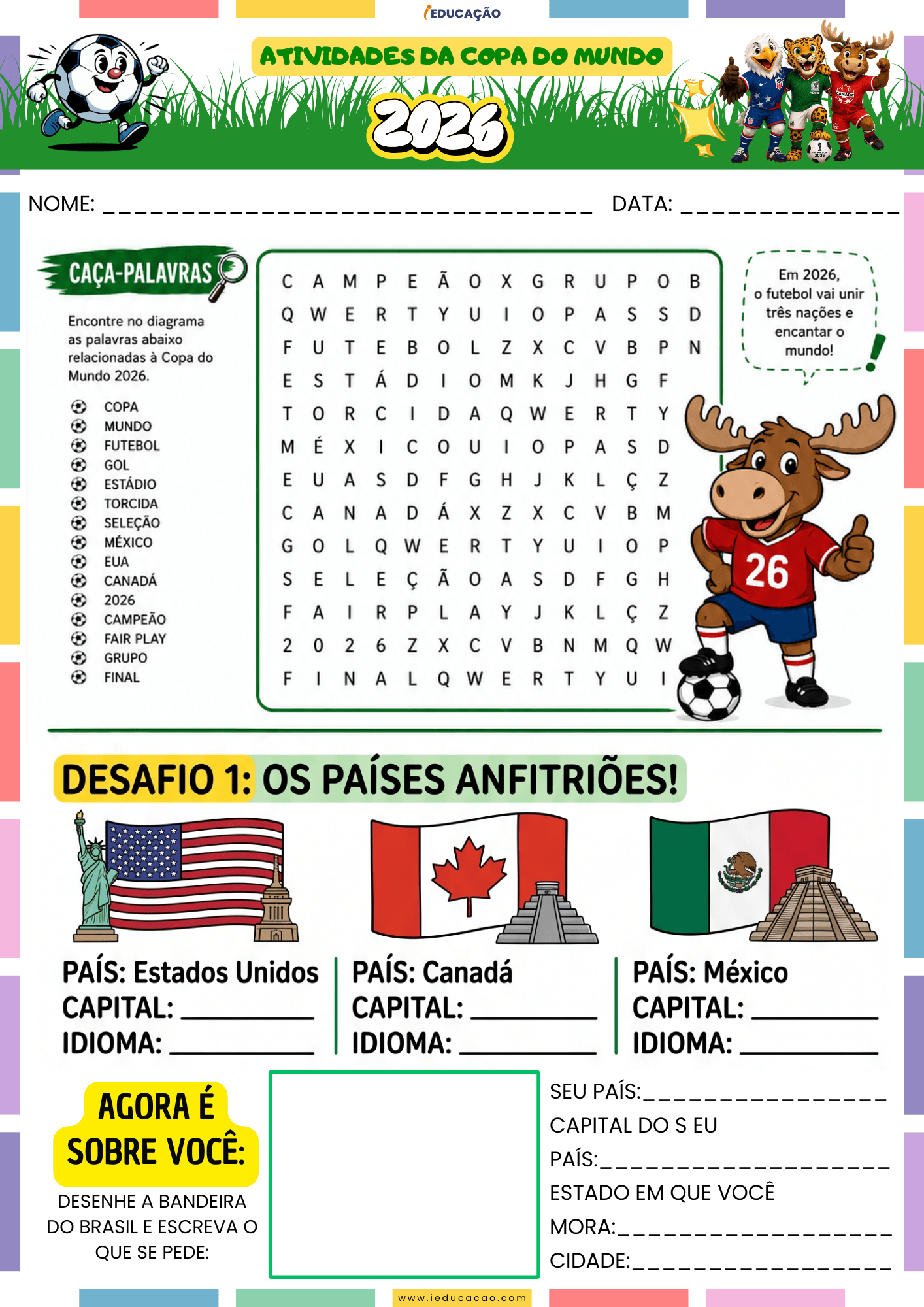 Atividades da Copa do Mundo 1º ao 5º Ano Grátis Para Imprimir 2026 Atividades da Copa do Mundo para o 5 ano com caça-palavras e desafios de geografia - Atividades da copa 2026 - atividades infantis