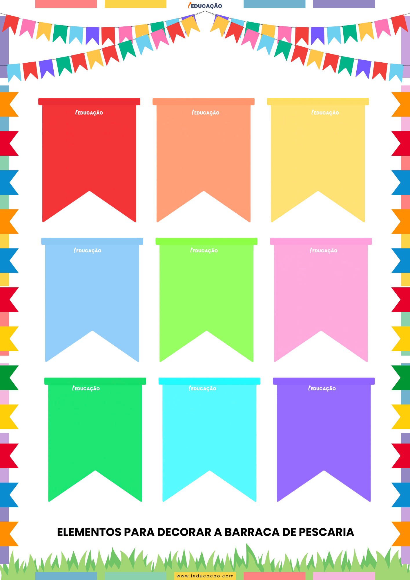 Barraca de Pescaria Para Festa Junina na Escola com Decoração Grátis Bandeirinhas coloridas para festa junina - Decoração de Festa junina para a barraquinha de pescaria - atividades lúdicas para festa junina na educação infantil