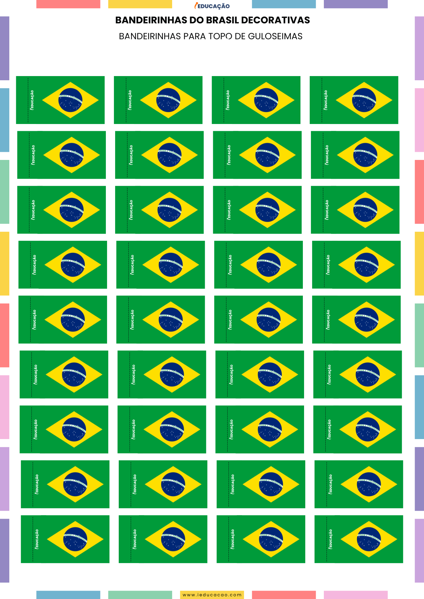 Ideias de Decoração para Copa do Mundo 2026 com PDF Grátis Bandeirinhas do Brasil para Decoração para Copa do Mundo - Topo de guloseimas - petiscos da seleção Brasileira para a copa do mundo