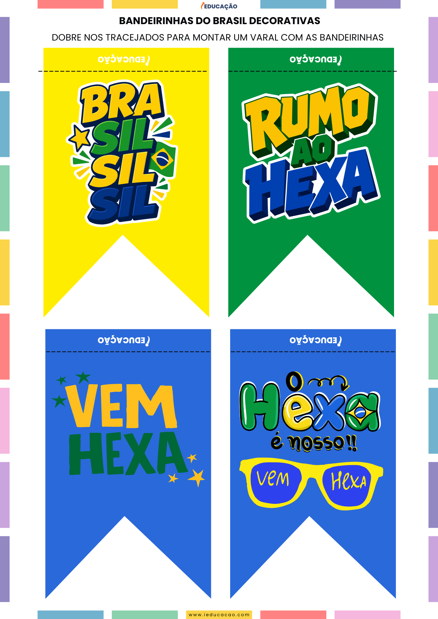 Ideias de Decoração para Copa do Mundo 2026 com PDF Grátis Bandeirinhas juninas para a copa do mundo com a bandeira do Brasil - Brasil Hexa Campeão para imprimir