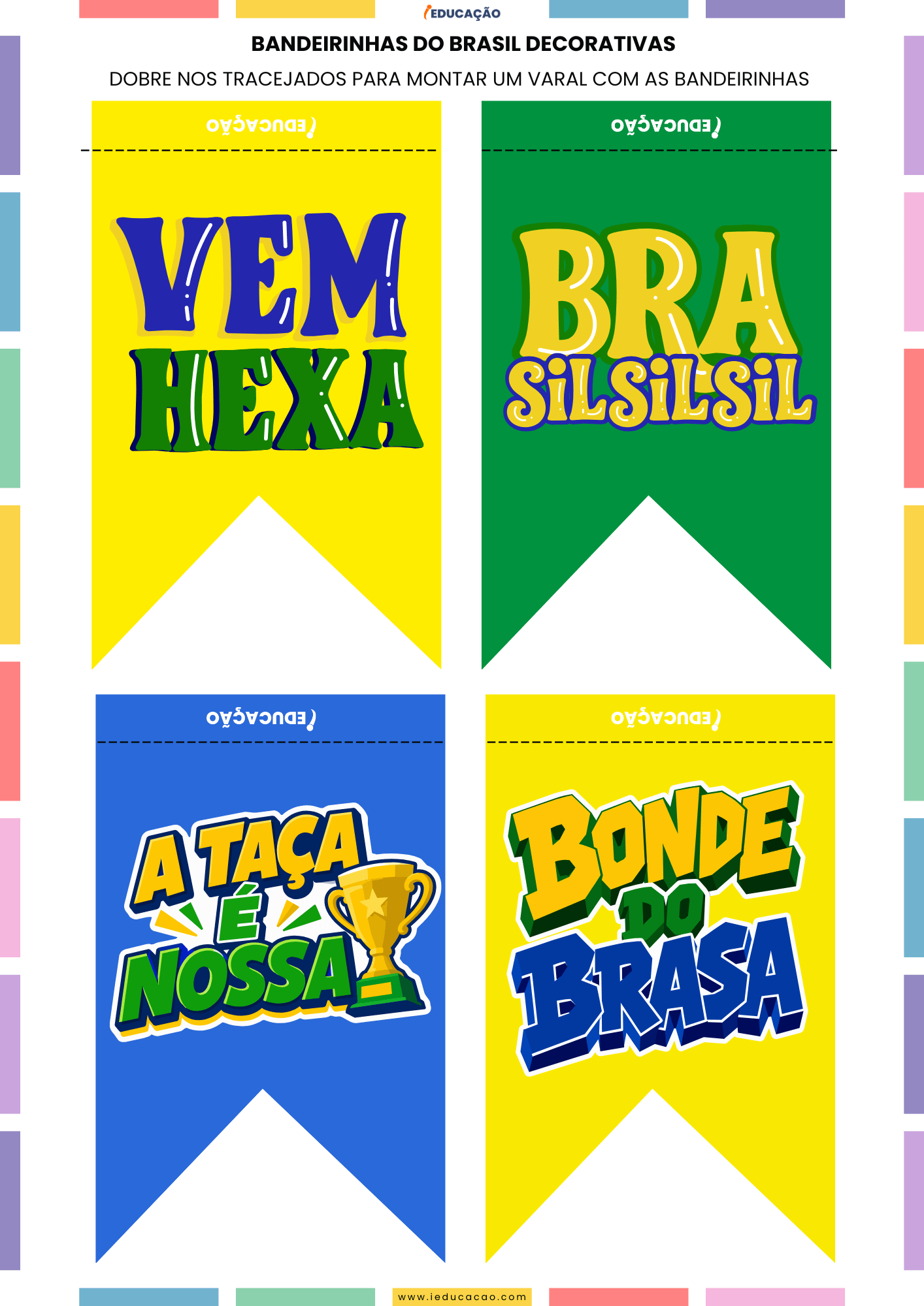 Ideias de Decoração para Copa do Mundo 2026 com PDF Grátis Bandeirinhas juninas para a copa do mundo com a bandeira do Brasil - Brasil Rumo ao Hexa - Bandeirinhas da copa do mundo para imprimir