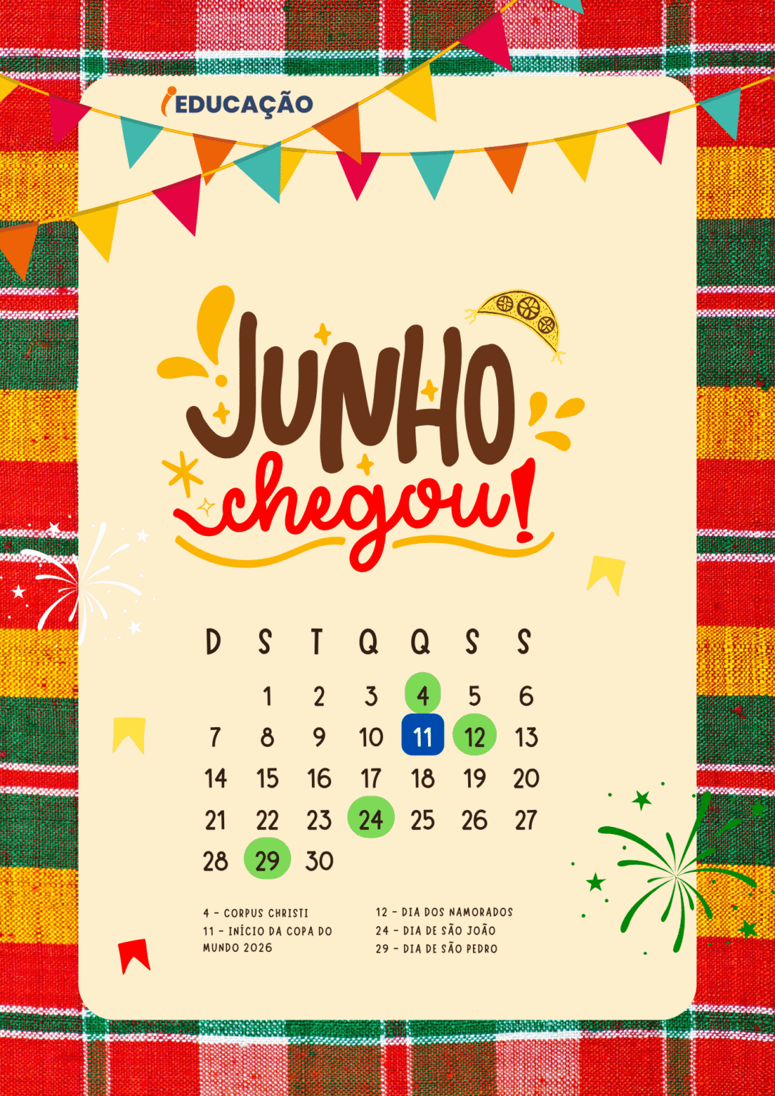 Calendário do Mês de Junho 2026 Para Imprimir