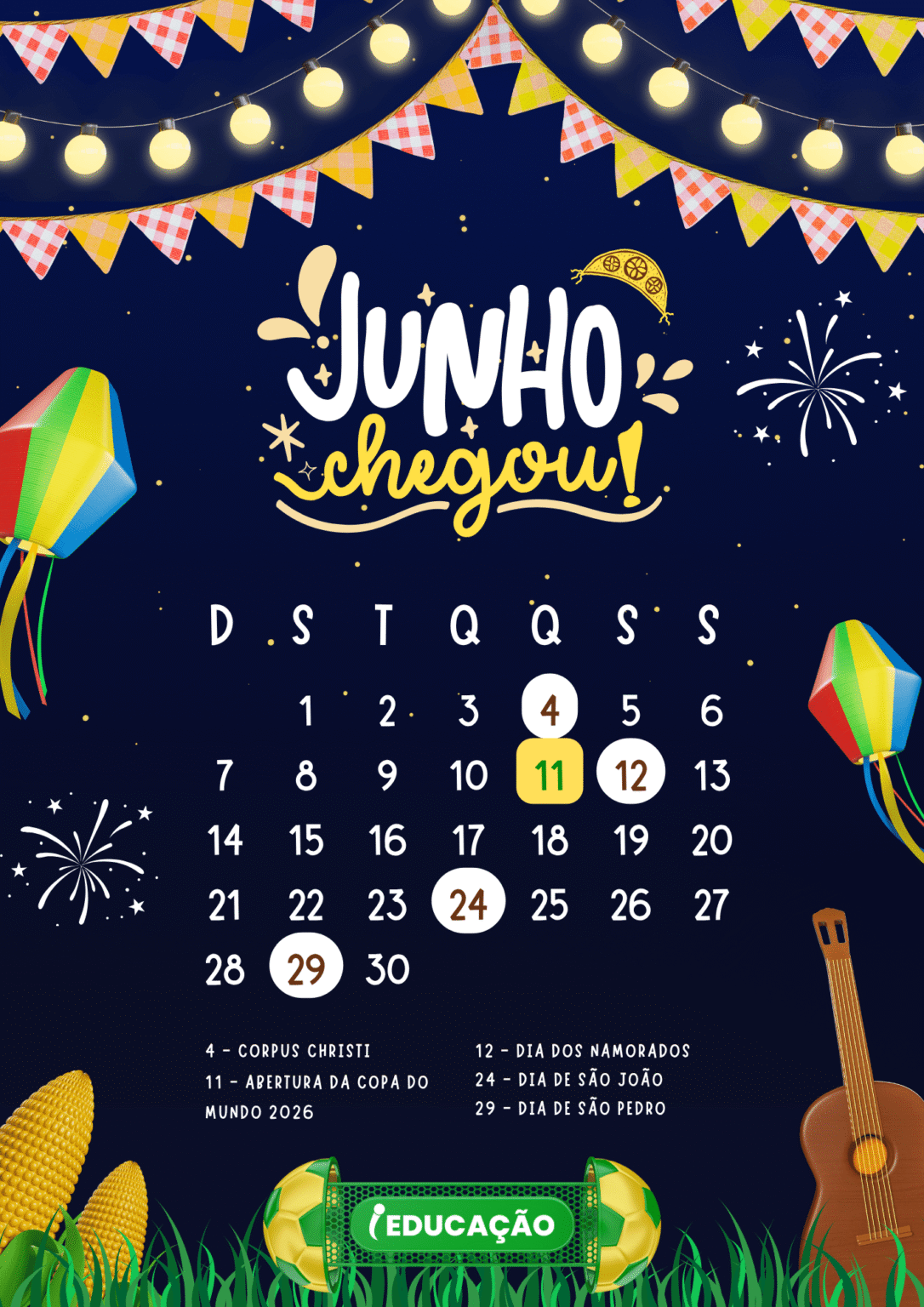 Calendário do Mês de Junho 2026 Para Imprimir