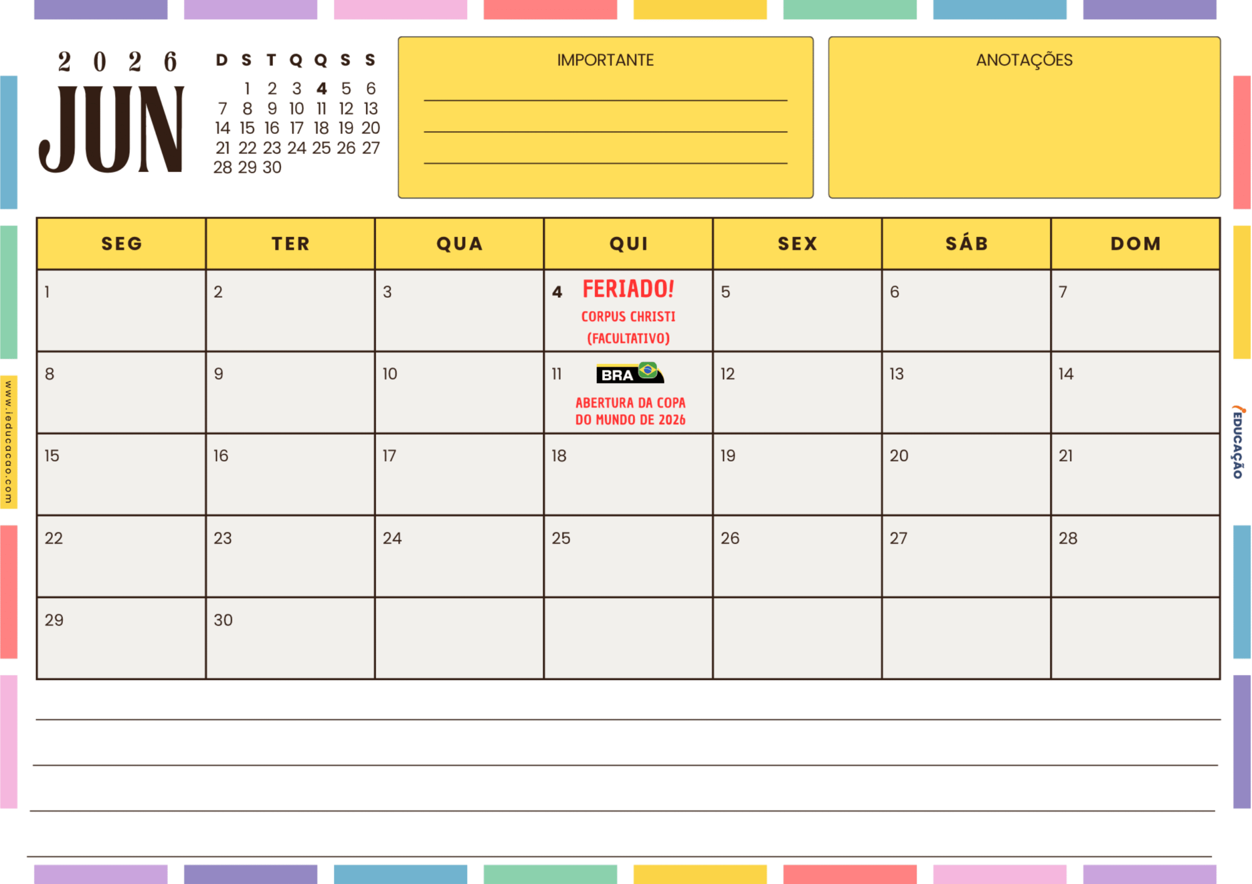 Calendário do Mês de Junho 2026 Para Imprimir