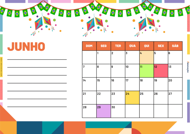Calendário do Mês de Junho 2026 Para Imprimir