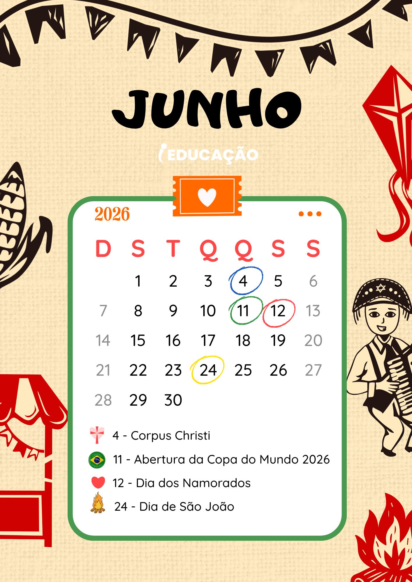 Calendário do Mês de Junho 2026 Para Imprimir Calendário do Mês de Junho 2026 para imprimir com tema de cordéis encantados
