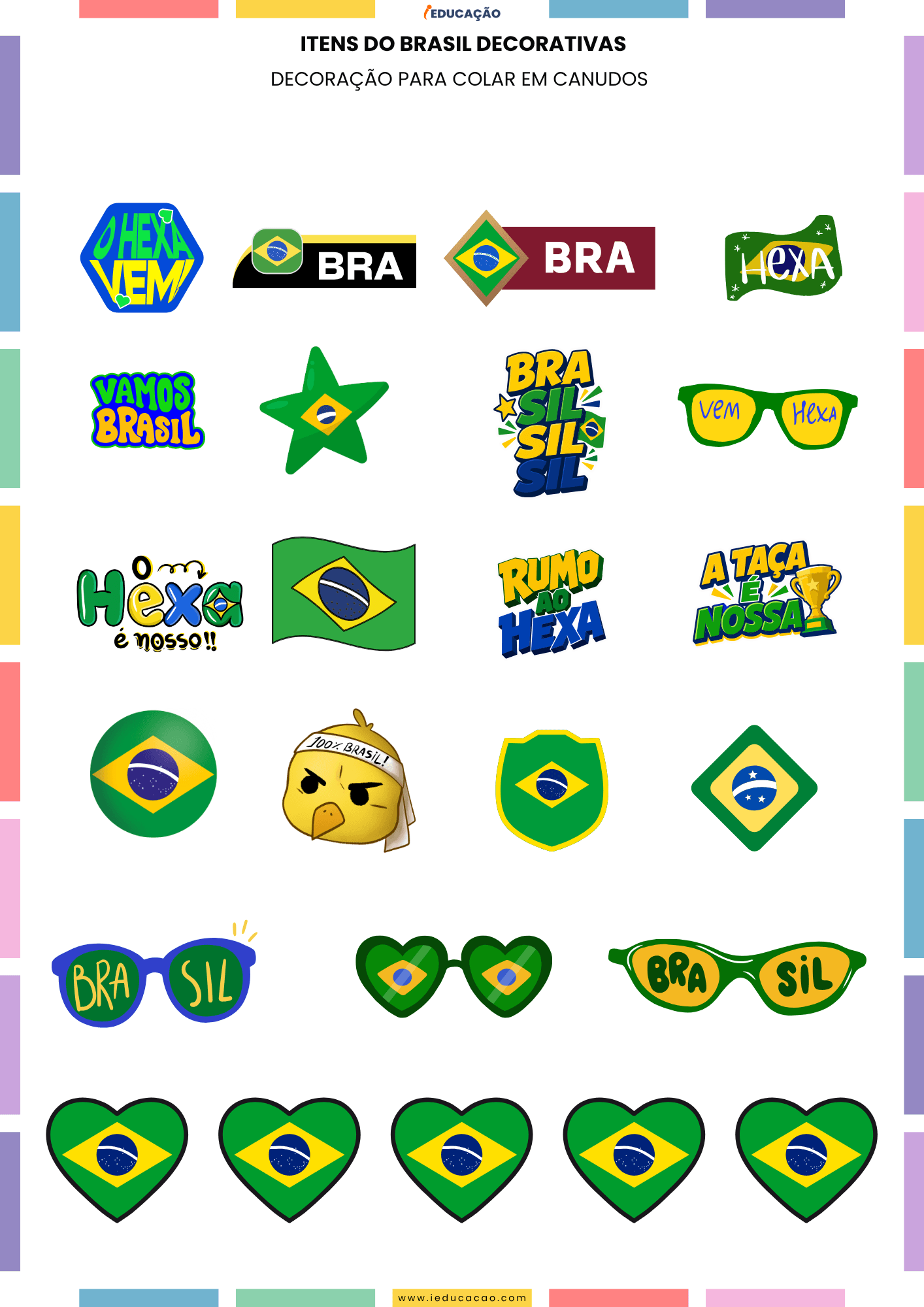 Ideias de Decoração para Copa do Mundo 2026 com PDF Grátis Canudos decorados com o tema da copa do mundo - Brasil rumo ao Hexa - Canudos para Drinks - Decoração para Copa do Mundo