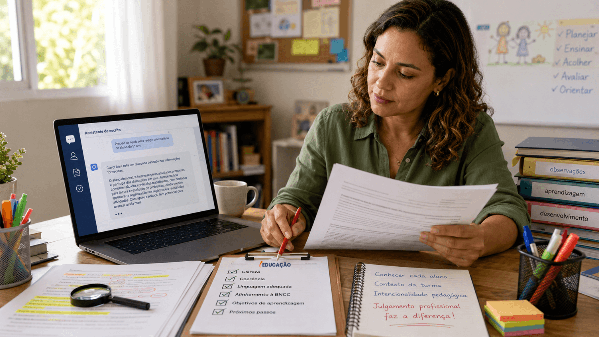 Como Fazer Relatório Escolar com Inteligência Artificial? Veja Dicas e Prompts Professora usando inteligência artificial no notebook para revisar relatórios escolares, com folhas impressas, materiais pedagógicos e destaque para o tema relatório escolar com IA.