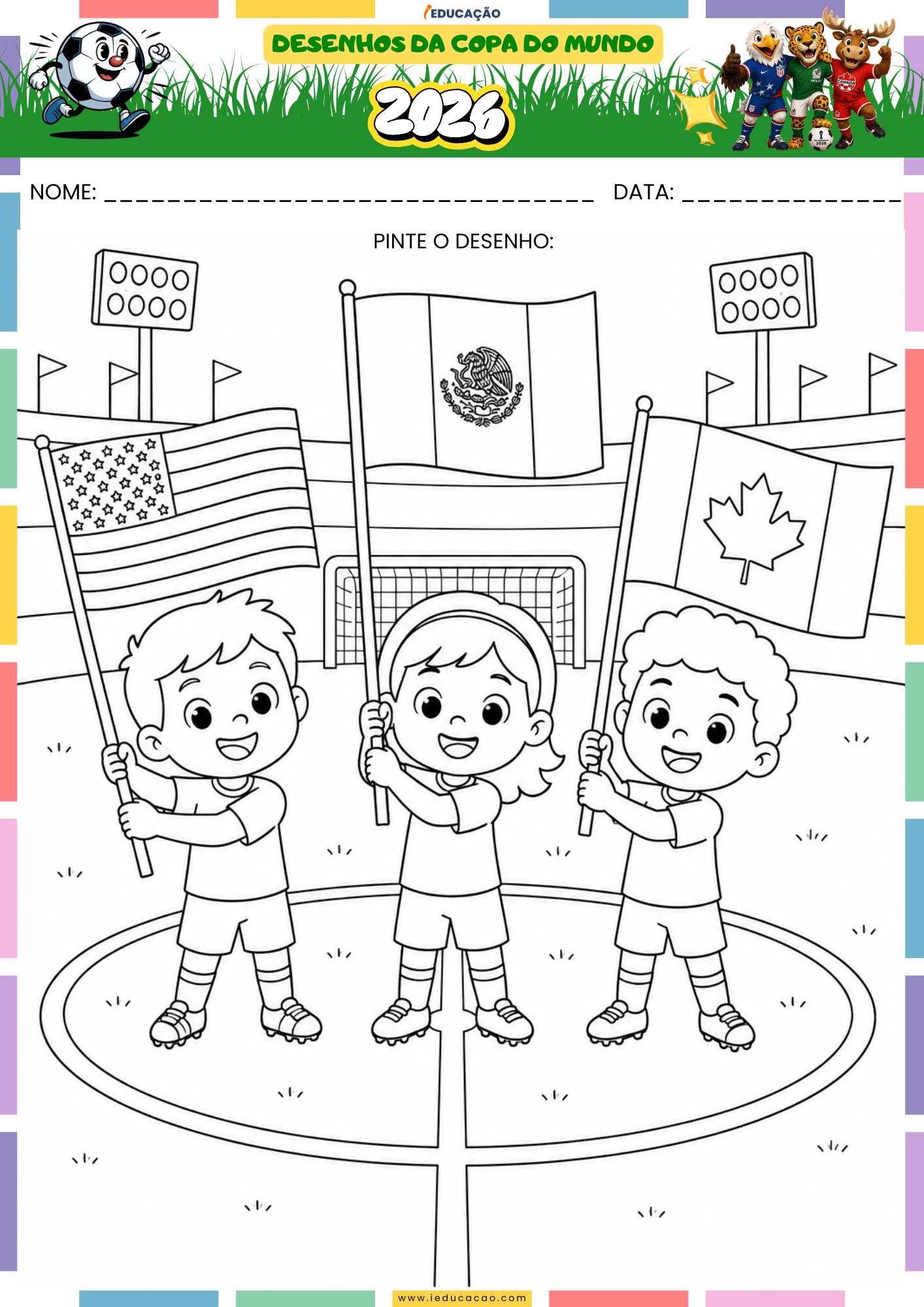 Desenhos Para Colorir da Copa do Mundo 2026 Em PDF Grátis Desenhos Para Colorir da Copa do Mundo 2026 - Bandeiras da copa 2026 para colorir - Bandeira dos EUA, México e Canadá para colorir