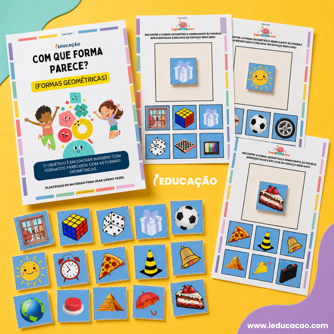 16 Jogos Pedagógicos para Habilidades Cognitivas e Raciocínio Lógico nas Férias Jogo Pedagógico para Imprimir - Com Que Forma Parece? Jogo Educativo para Crianças - Jogos para Educação infantil - Atividades lúdicas para Habilidades Cognitivas