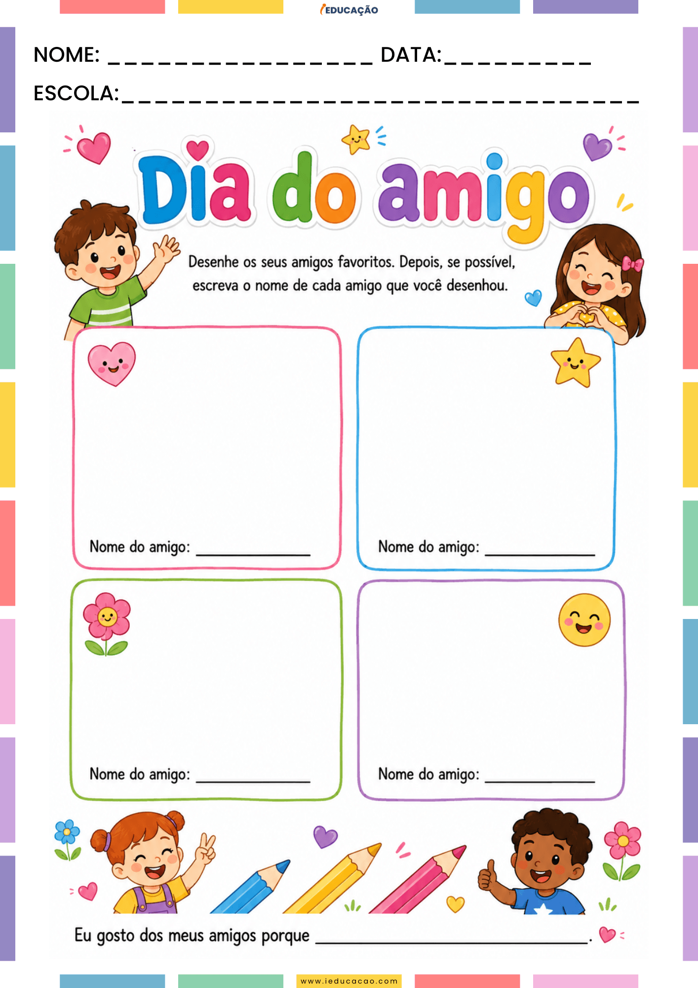 Atividades Sobre o Dia do Amigo na Educação Infantil Para Imprimir Atividade sobre amizade para o dia do amigo na educaçñao infantil