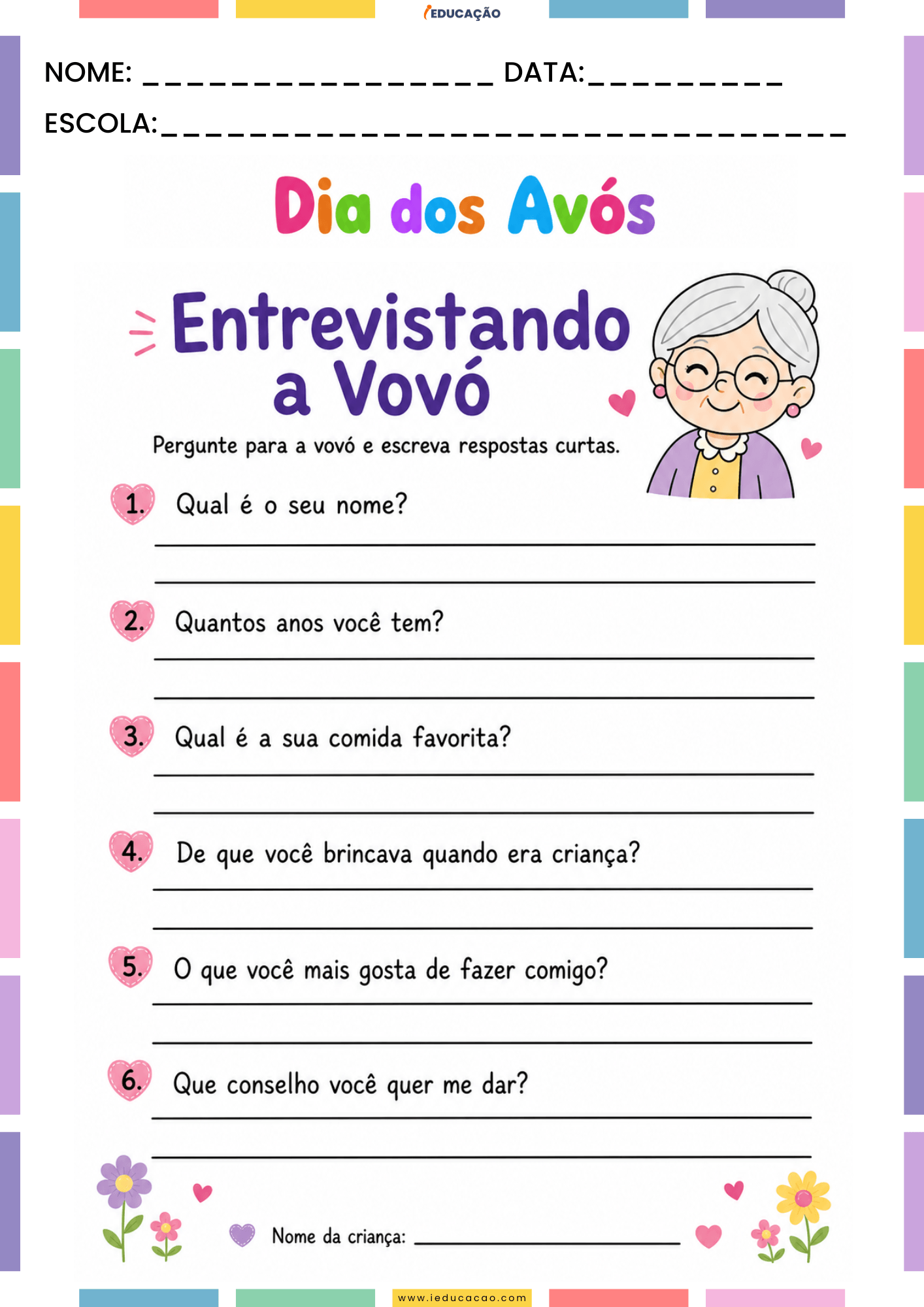 Atividades para o Dia dos Avós em PDF Grátis para Imprimir Atividades para o Dia dos Avós em PDF Grátis para Imprimir - Atividade de escrita - entrevista com a vovó