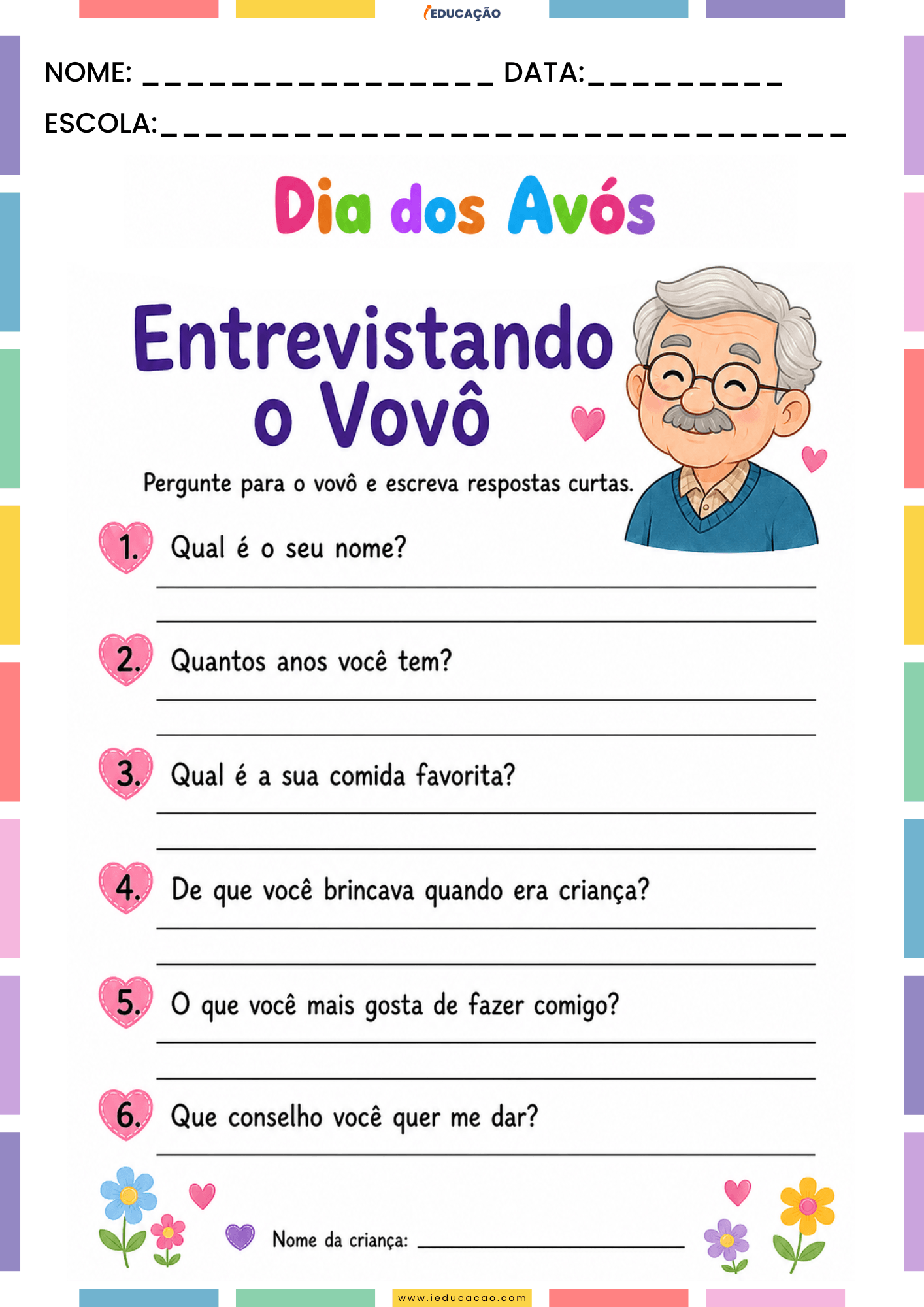 Atividades para o Dia dos Avós em PDF Grátis para Imprimir Atividades para o Dia dos Avós em PDF Grátis para Imprimir - Atividade de escrita - entrevista com o vovô