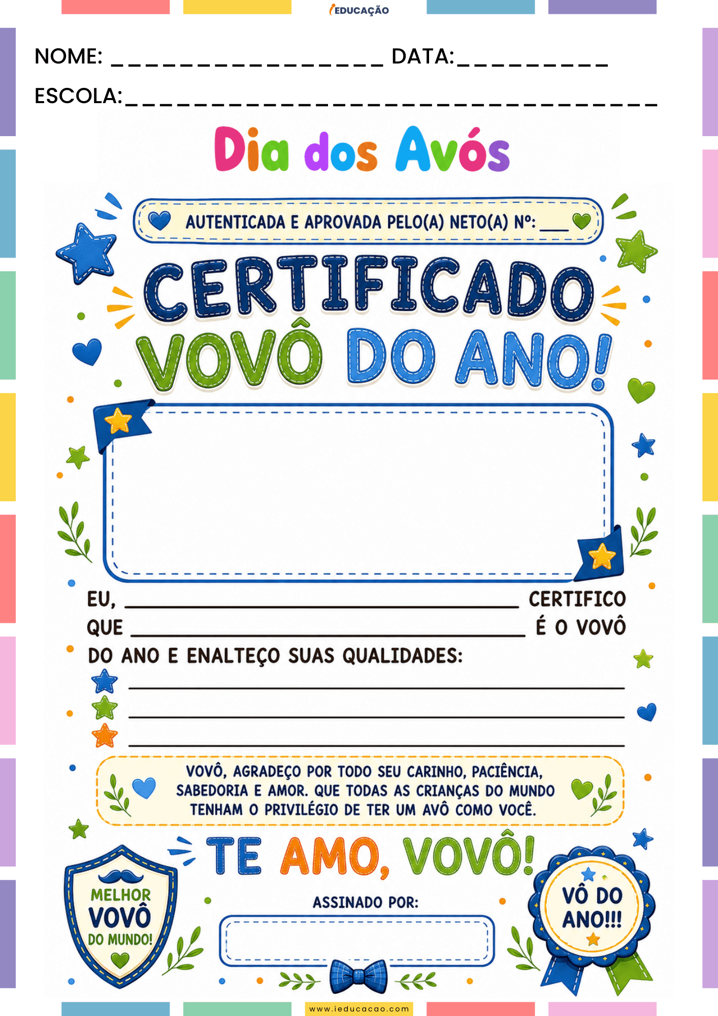 Atividades para o Dia dos Avós em PDF Grátis para Imprimir Atividades para o Dia dos Avós em PDF Grátis para Imprimir - Certificado Dia dos Avós para imprimir - Certificado vovô do ano