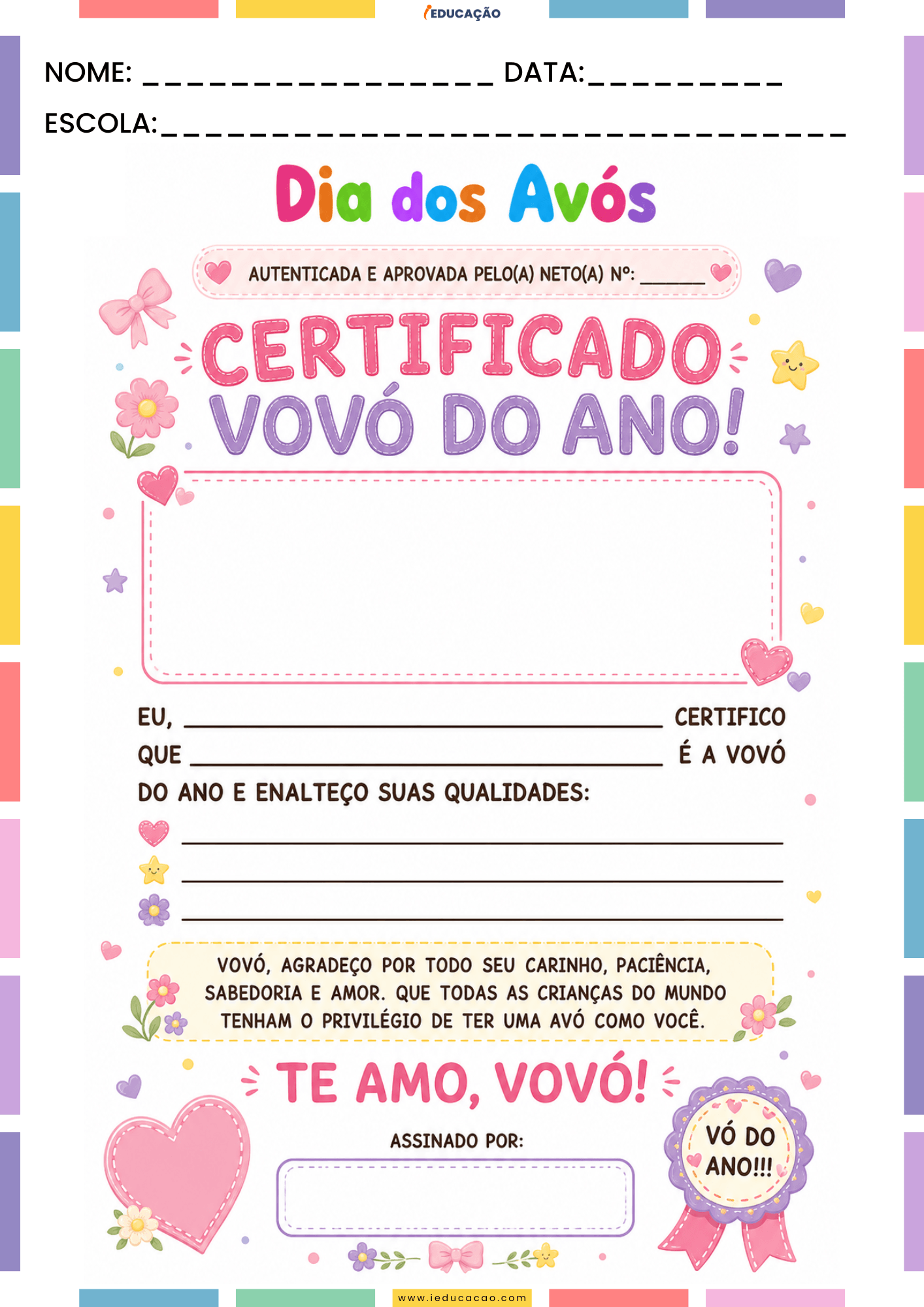 Atividades para o Dia dos Avós em PDF Grátis para Imprimir Atividades para o Dia dos Avós em PDF Grátis para Imprimir - Certificado Dia dos Avós para imprimir - Certificado vovó do ano