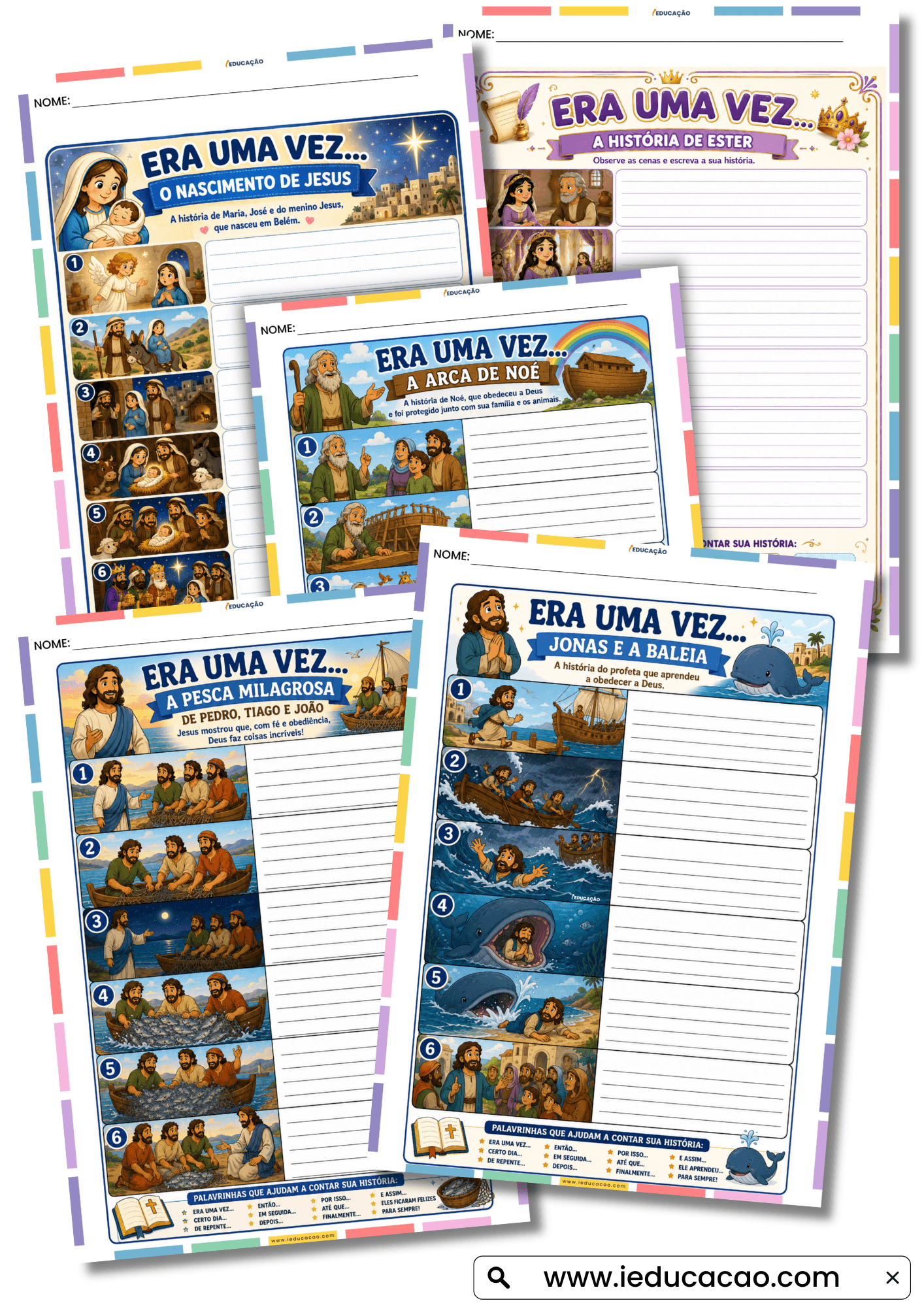 50 Fichas de Produção Textual com Atividades de Escrita Criativa para Imprimir 50 Fichas de Produção textual com atividades de produção de texto para imprimir - imagens para produção de texto com Histórias da Bíblia para imprimir - História do nascimento de Jesus, A Arca de