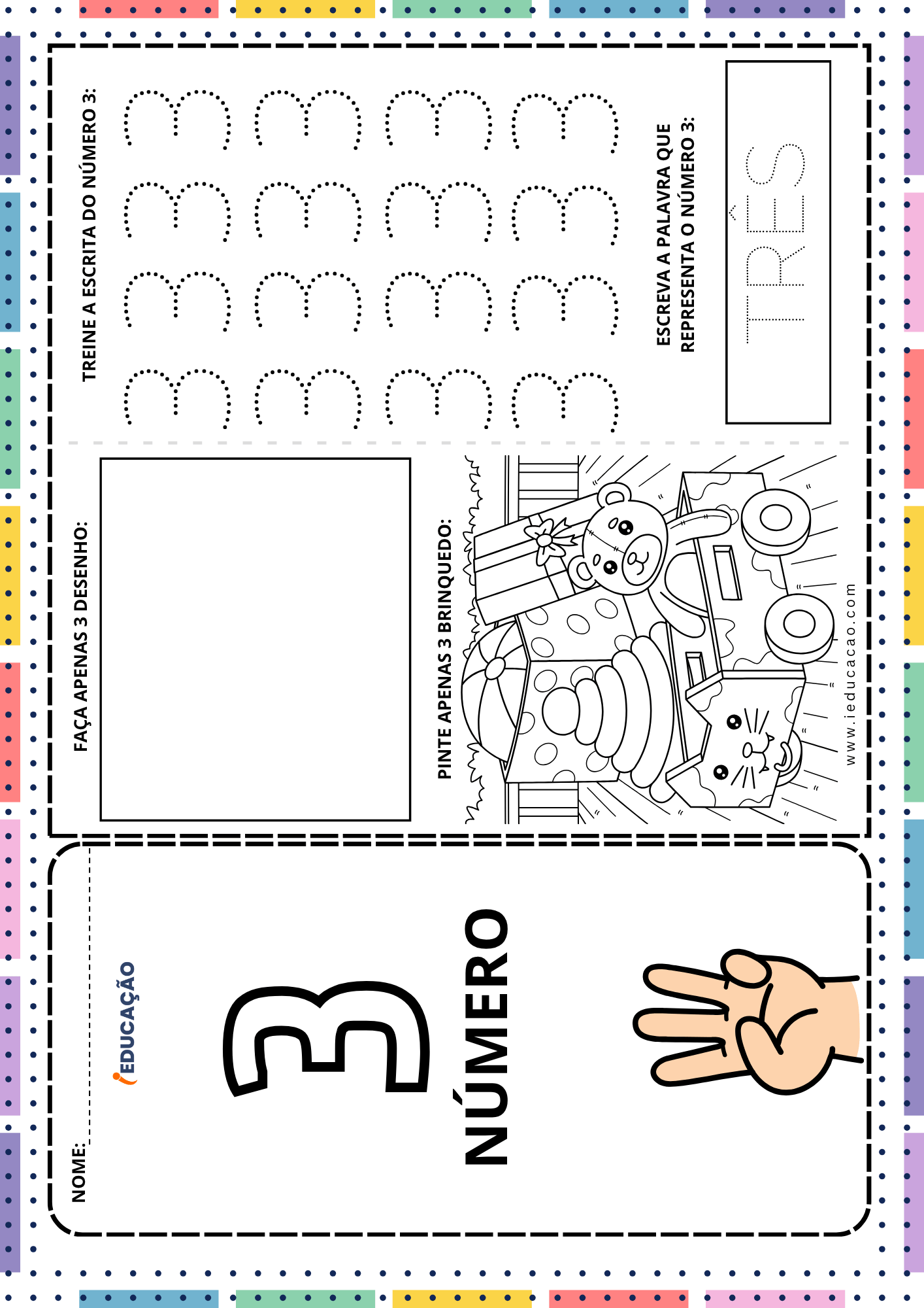 Fichas de Matemática com Atividades dos Números de 1 a 10 para educação infantil Fichas de Matemática com Atividades dos números de 1 a 10 para educação infantil - Numerais de 1 a 10 - Atividades do número 3 para imprimir