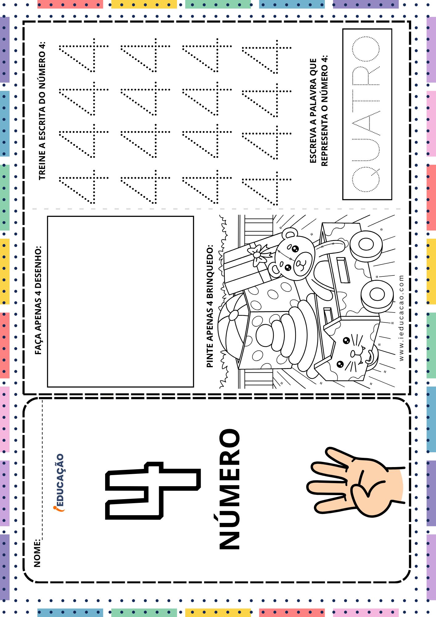 Fichas de Matemática com Atividades dos Números de 1 a 10 para educação infantil Fichas de Matemática com Atividades dos números de 1 a 10 para educação infantil - Numerais de 1 a 10 - Atividades do número 4 para imprimir