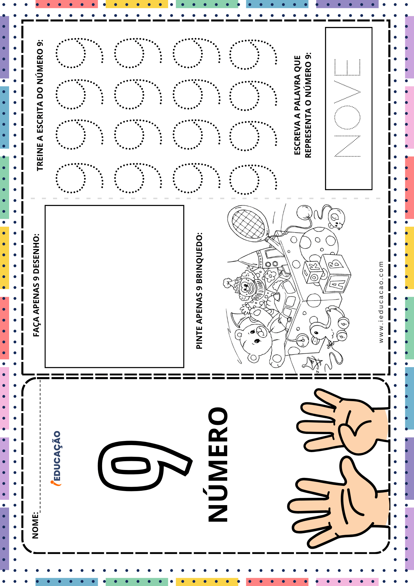 Fichas de Matemática com Atividades dos Números de 1 a 10 para educação infantil Fichas de Matemática com Atividades dos números de 1 a 10 para educação infantil - Numerais de 1 a 10 - Atividades do número 9 para imprimir