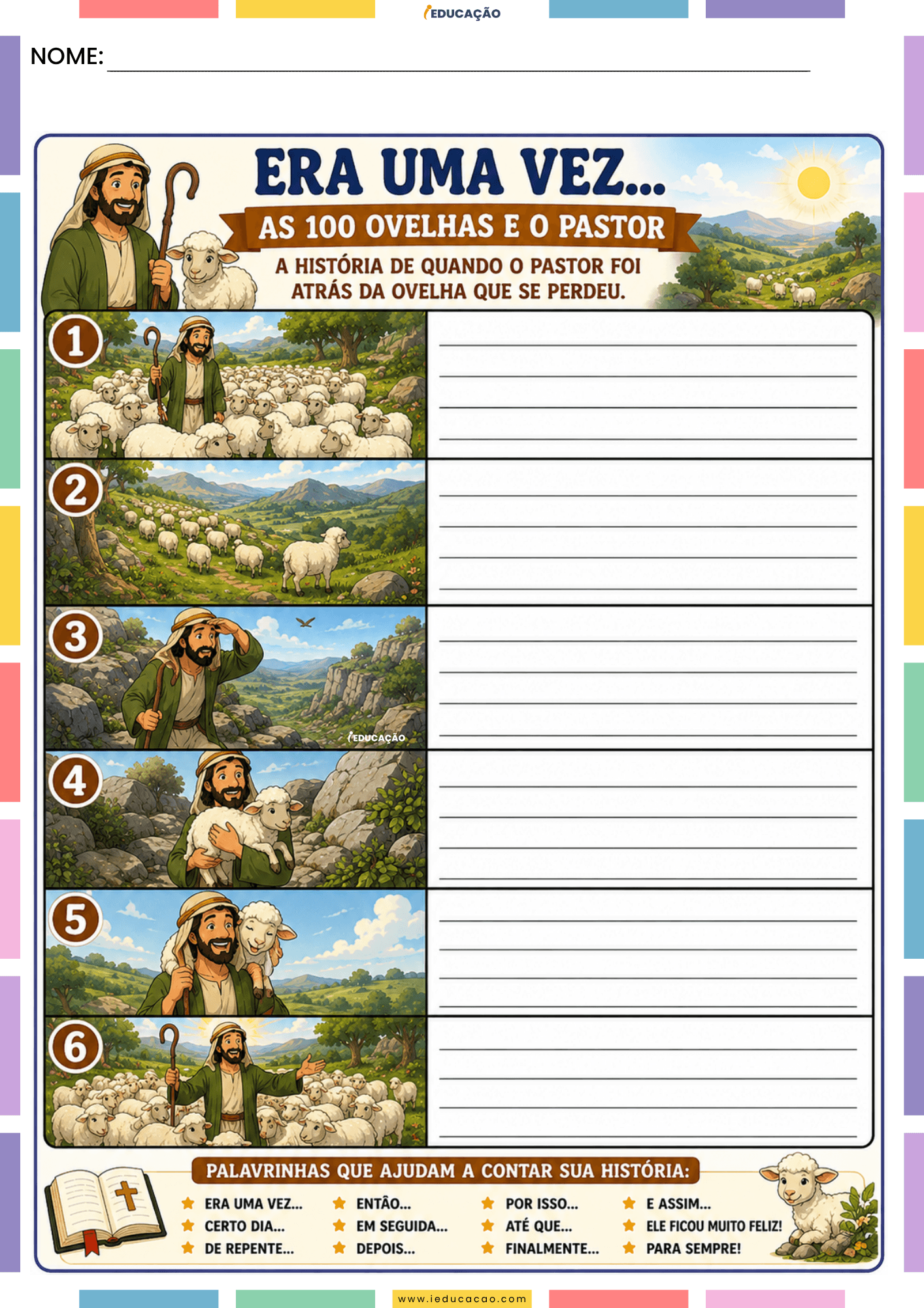 50 Fichas de Produção Textual com Atividades de Escrita Criativa para Imprimir Fichas de Produção Textual com Imagem para Produção de Texto para imprimir - Histórias da Bíblia para imprimir - A Parábola das 100 Ovelhas e do Bom Pastor para imprimir