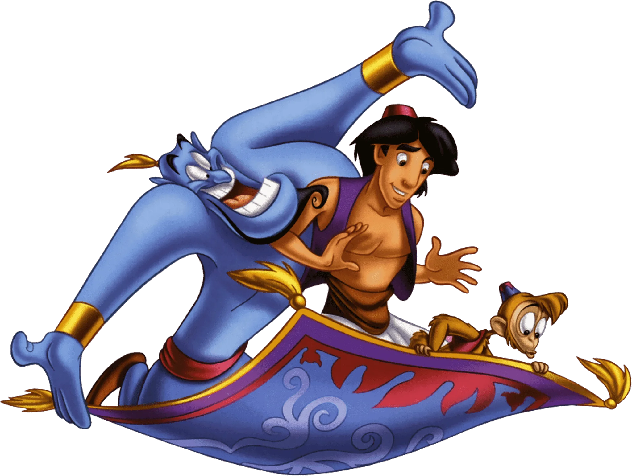 A história de Aladdin -  ilustração de Aladdin, o gênio da lâmpada e o macaco em cima do tapete mágico