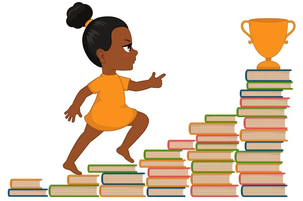 menina usando livros como escada para chegar ao alvo - As Lições Aprendidas com 50 Histórias Infantis que Educam e Divertem