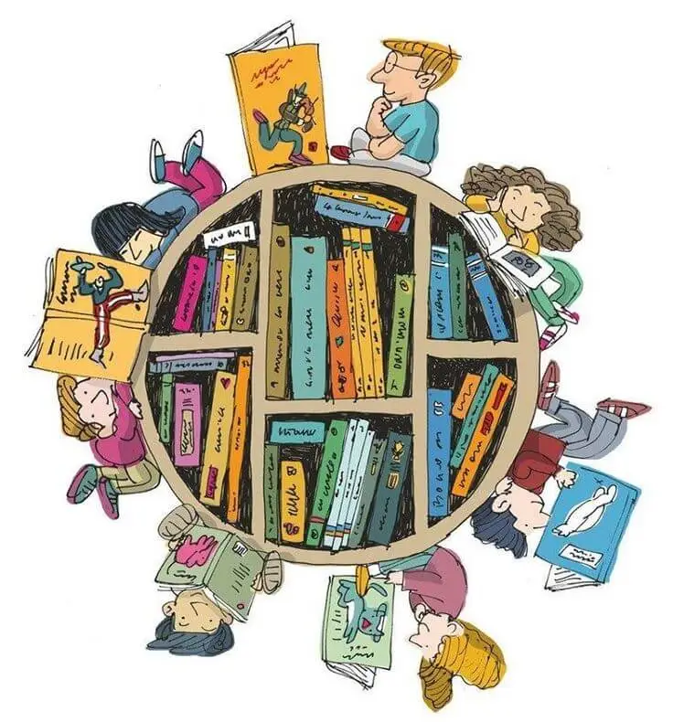 ilustração de várias crianças lendo