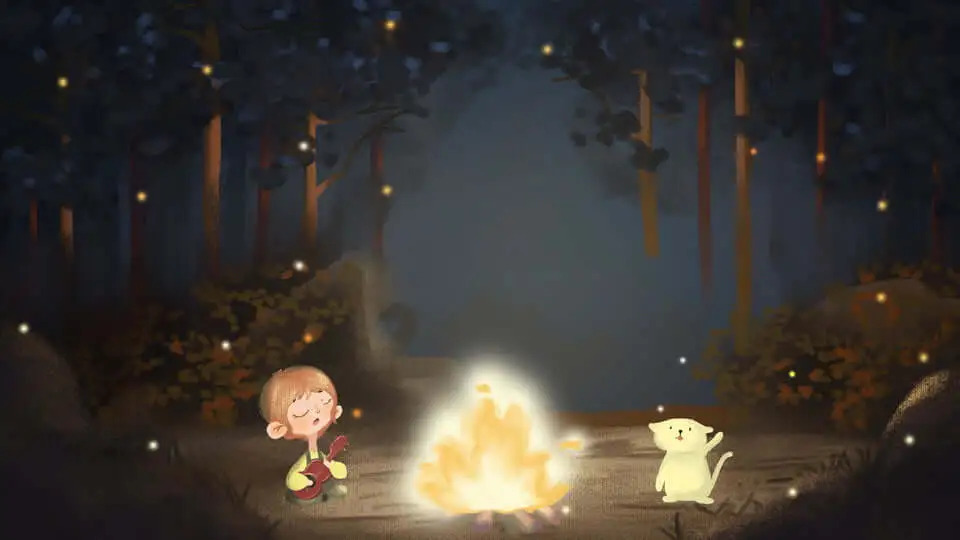menino sozinho cantando frente a uma fogueira na floresta com um animal ao lado fazendo companhia. - história infantil -  o menino e a floresta