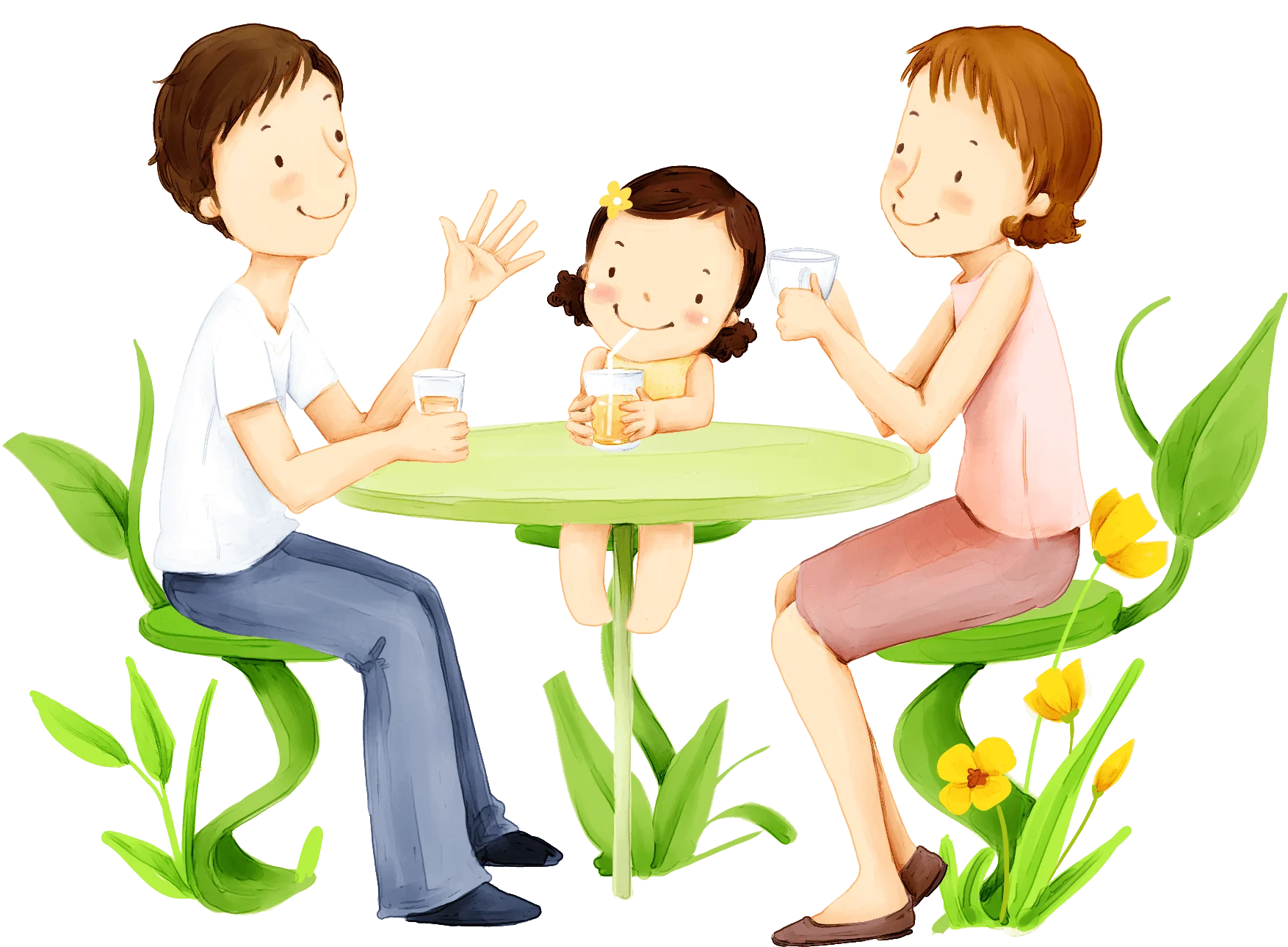 Os hologramas de Maria -  ilustração de um pai, uma mãe e uma filha tomando suco juntos