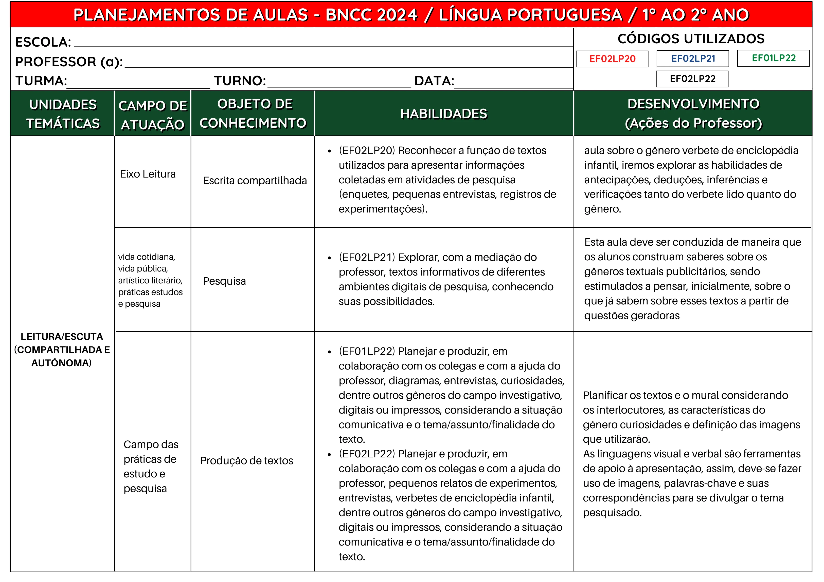 Planos de aulas de português para o Ensino Fundamental 1 1º ao 5º ano